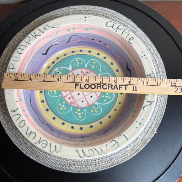 Whimsical Handmade Pottery Pie Deep Dish Plate Pan Hand Painted Apple Peach - Picture 3 of 11